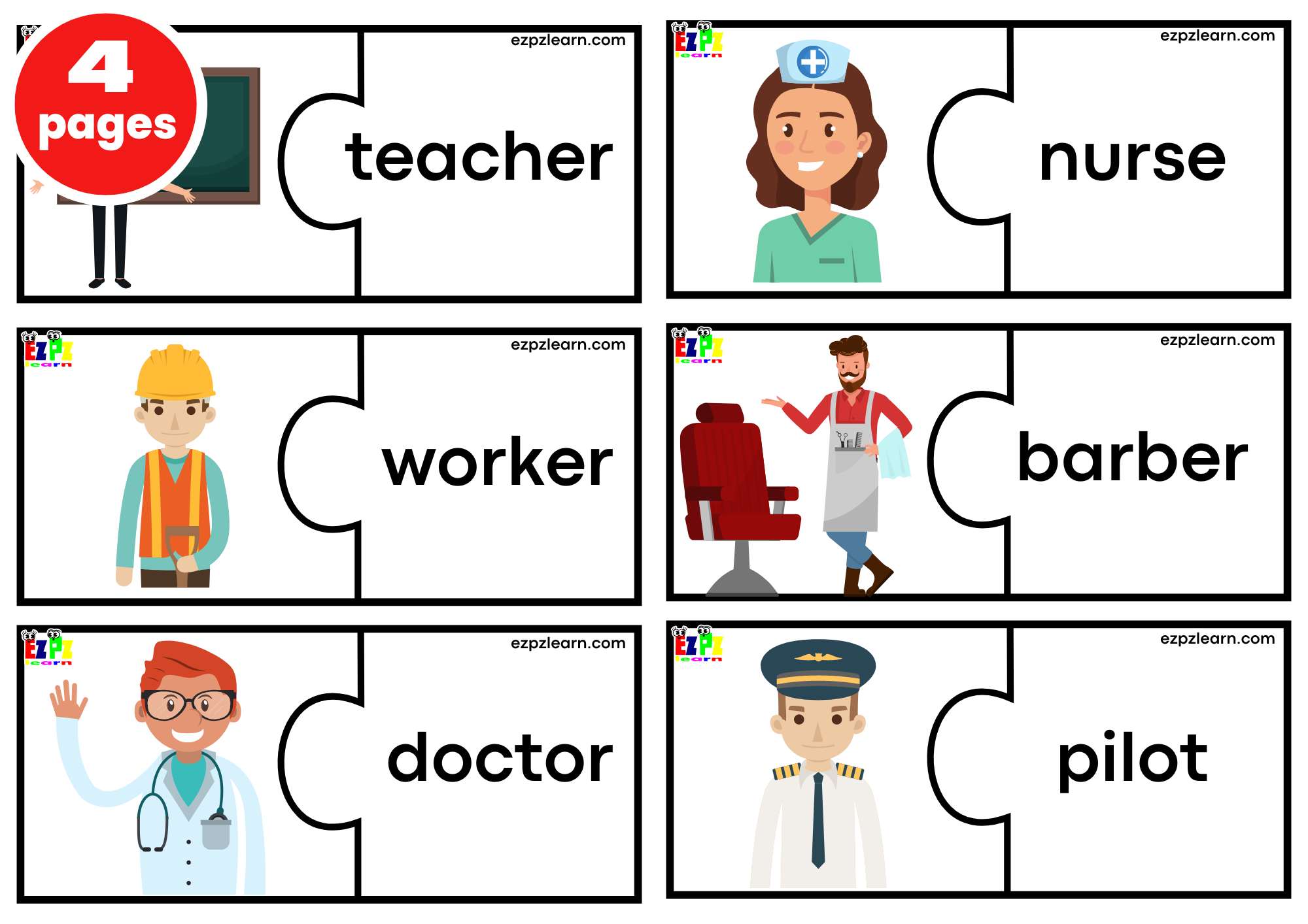 Jobs and Occupations Puzzle Match Game. Large Size 6 Words per page. Free PDF Download